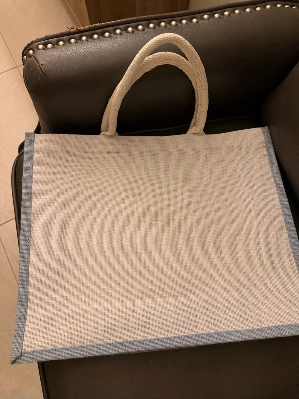 South Beach Ritz Carlton Linen Tote Bag in Lt Blue and Cream with front pocket